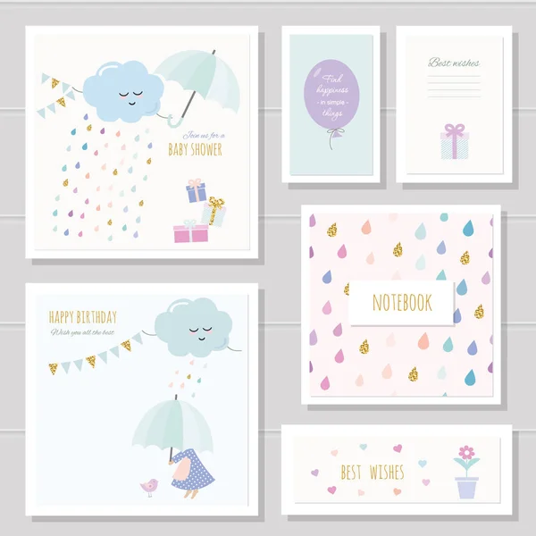 Carine le carte per le ragazze. Può essere utilizzato per baby shower, compleanno, vestiti per bambini, design della copertina del taccuino. Stile acquerello con elementi glitter oro . — Vettoriale Stock