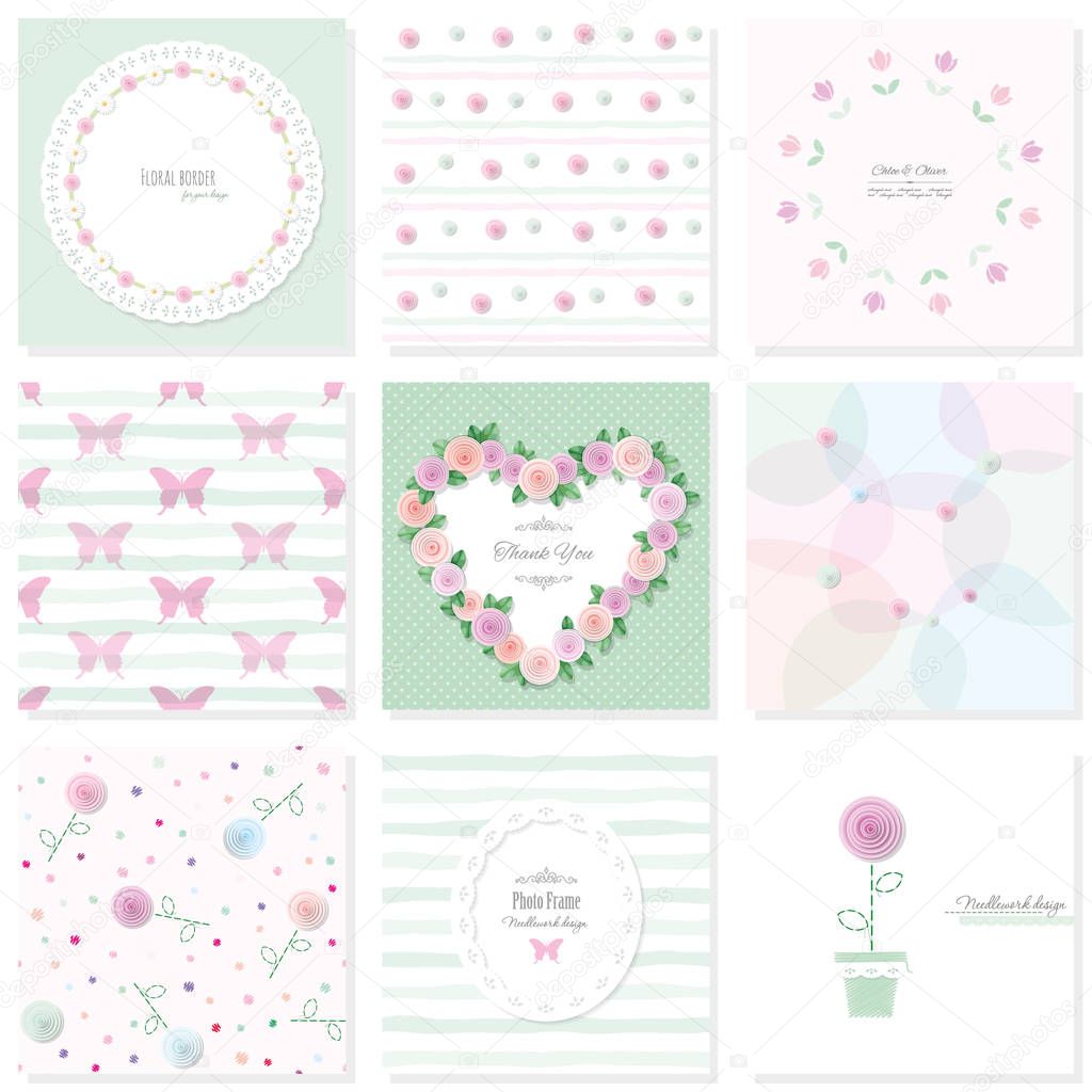 Romantic design elements set. Included seamless patterns, frames, doilies, greeting cards templates. For wedding, birthday, valentines, baby shower, clothes, notebook cover.
