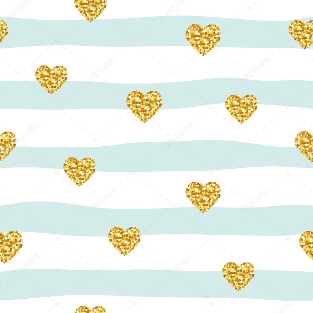 Seamless pattern with glitter confetti hearts on striped background. Golden and pastel blue trendy colors. For birthday, fashion and wedding design.