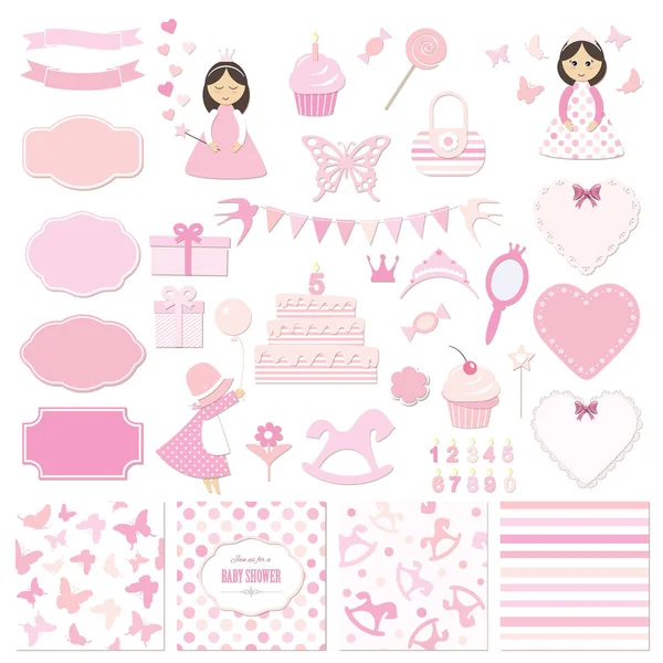 Birthday and girl baby shower design elements set. — Stockvector