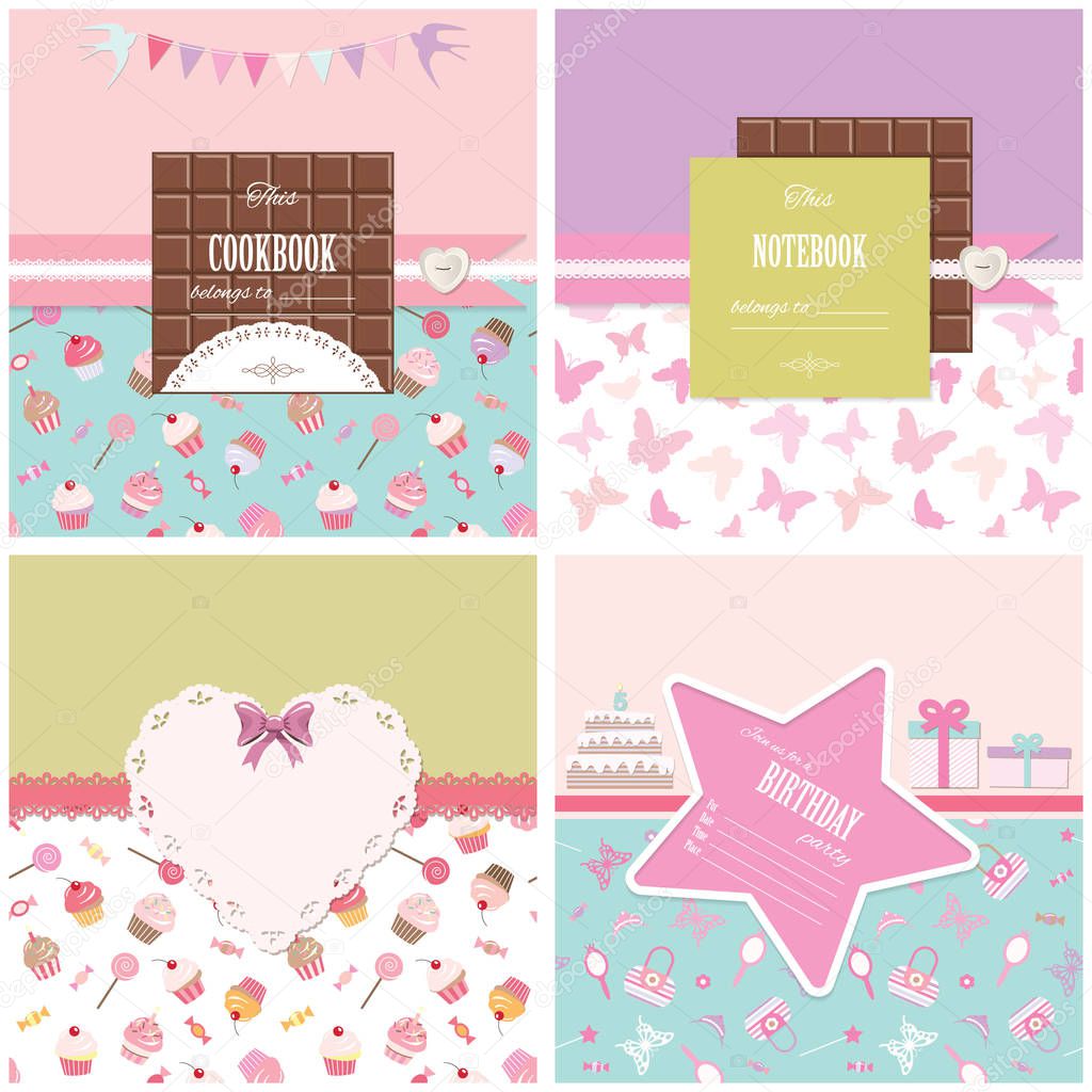 Cute templates set for girls. Can be used for scrapbook design, cookbook, diary, photo album cover.