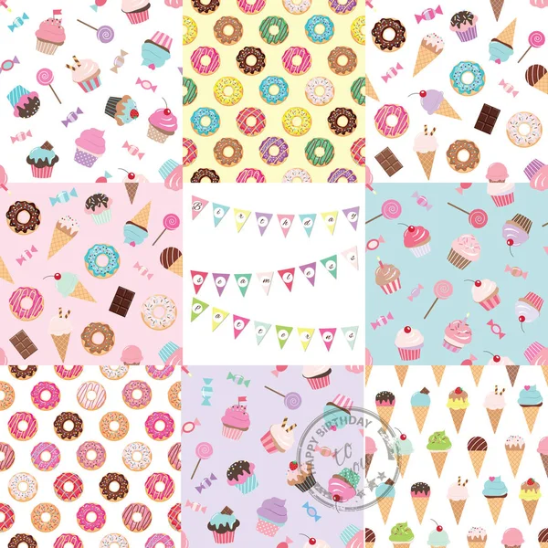 Geburtstag nahtlose Muster mit Süßigkeiten gesetzt. — Stockvektor