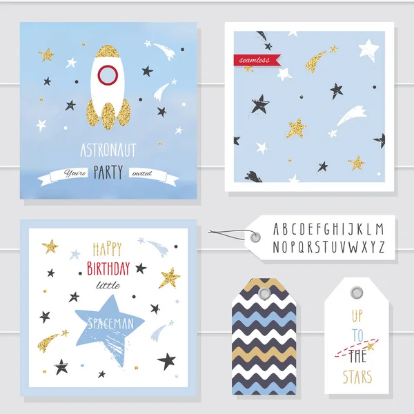 Carino carte e distintivi con glitter oro per bambini . — Vettoriale Stock