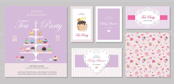Modelos bonitos com cupcakes stand e doces em cores pastel. Cartões e cartazes. Para nupcial, chá de bebê, aniversário . — Vetor de Stock