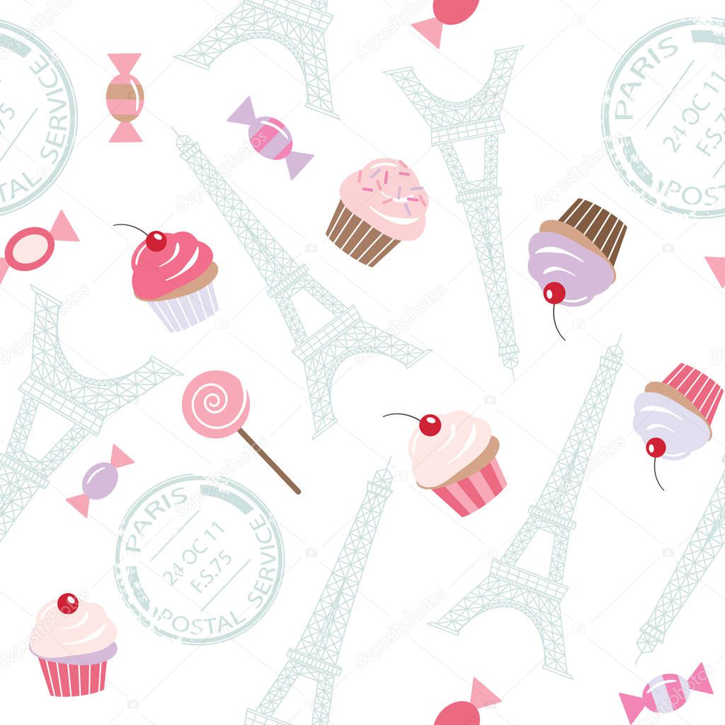 Seamless pattern with Eiffel tower and cupcakes.