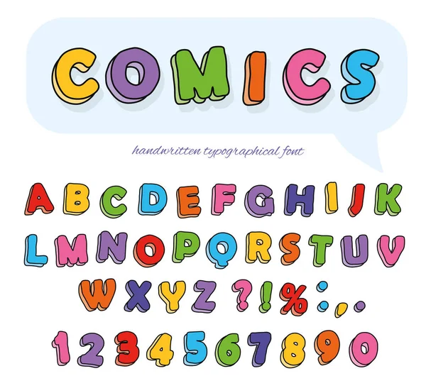 Design del carattere Comics. Lettere e numeri disegnati a mano divertenti . — Vettoriale Stock