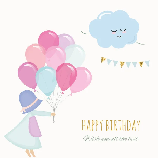 Niña sosteniendo globos. plantilla de tarjeta de felicitación de cumpleaños . — Vector de stock