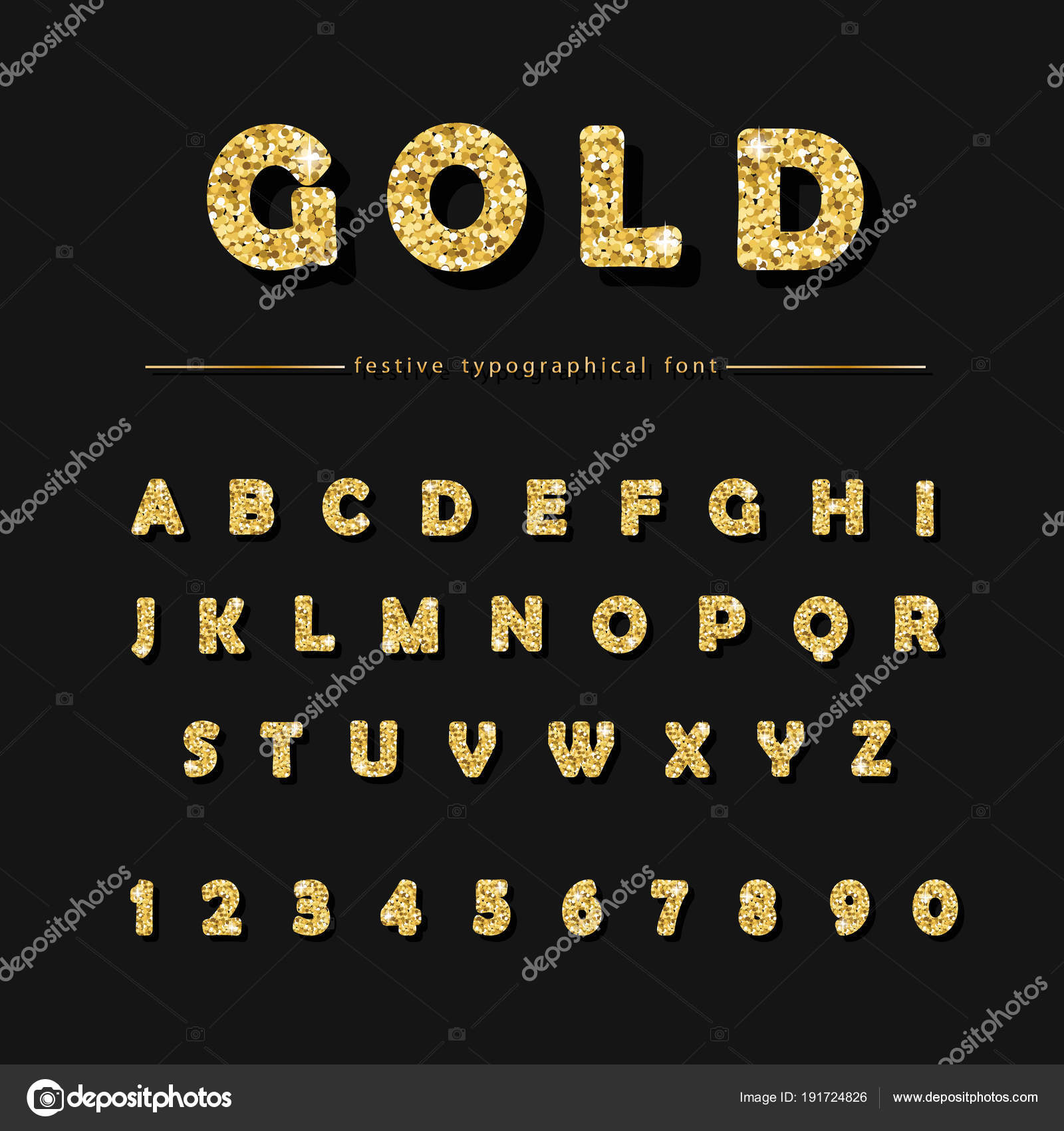 Golden glitter font on black background. Modern decorative alphabet for