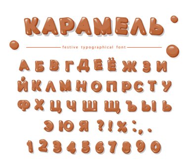 Karamel Kiril alfabesi. Tatlı parlak harfler ve sayılar.
