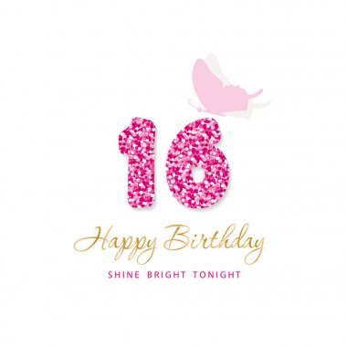 Doğum günü kartı kızlar için. Sweet 16 glitter numaraları. Pembe ve altın. Vektör