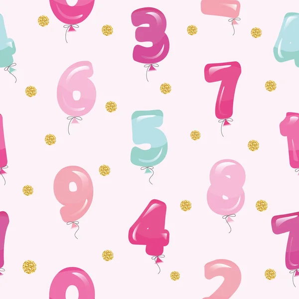 Slavnostní vzor bezešvé s čísly a glitter konfety barevné bubliny. Pro narozeniny, miminko, svátky design. — Stockový vektor