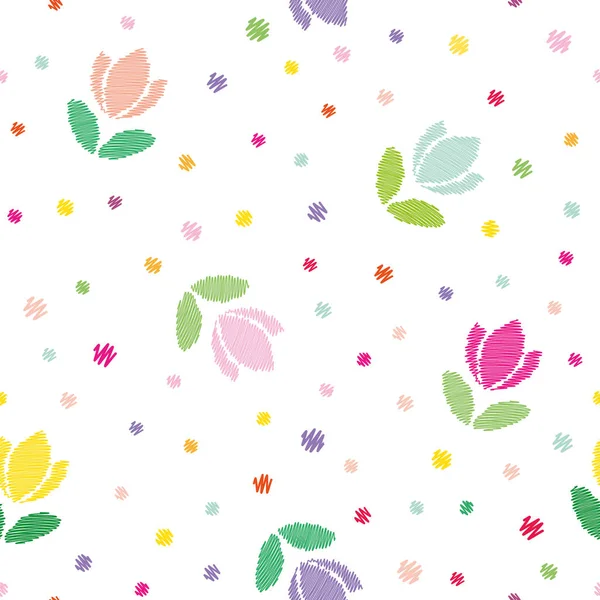 Florale nahtlose Muster Hintergrund. Stickerei Tulpen und Tupfen isoliert auf weiß. — Stockvektor