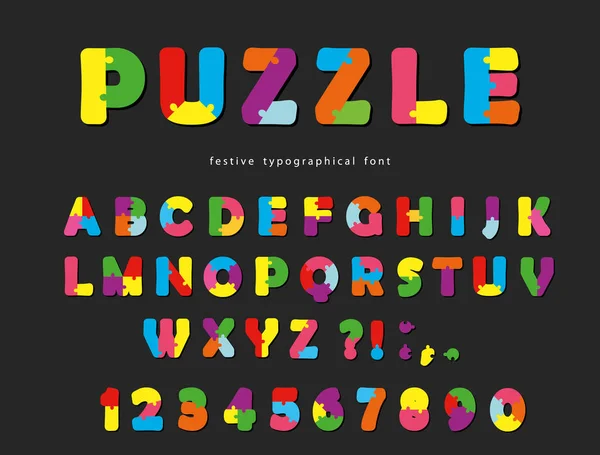 Puzzle font. ABC colorful creative letters and numbers on a black background. — Stock Vector