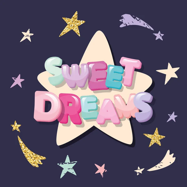 Dulces sueños lindo diseño para pijamas, ropa de dormir, camisetas. Caricaturas y estrellas sobre un fondo oscuro . — Vector de stock