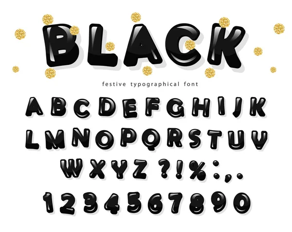 Black glossy font design. ABC letters and numbers. Glitter golden confetti. — Stock Vector