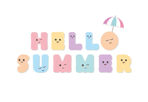 Hallo Sommer. kawaii fette Buchstaben. niedliche bunte Emoticon-Aufkleber. — Stockvektor