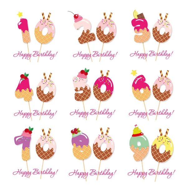 Cumpleaños conjunto aniversario. Números dulces festivos de 10 a 90. Pajitas de cóctel. Personajes decorativos divertidos. Vector — Archivo Imágenes Vectoriales