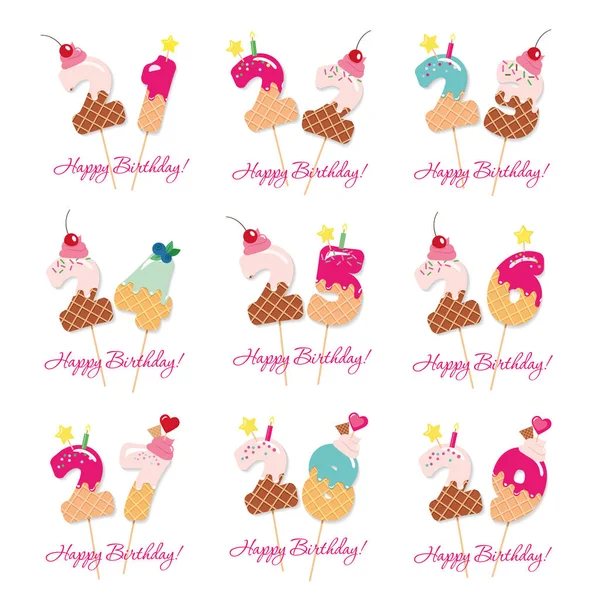 Doğum günü kartları ayarlayın. 21 şenlikli tatlı sayılar 29. Kokteyl kamış. Komik dekoratif karakterler. Vektör — Stok Vektör