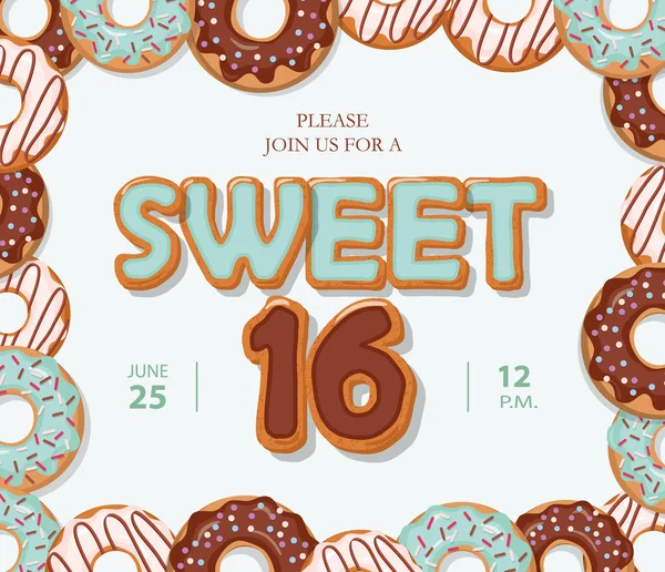 Sweet 16 születésnapi üdvözlőlapot. Rajzfilm kézzel rajzolt betűket és fánk keret a pasztell kék. — Stock Vector