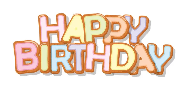 Feliz cumpleaños. Caricatura de galletas cartas dibujadas a mano. Lindo diseño para niños en colores pastel. Para tarjetas de felicitación, banner, decoración de habitaciones . — Vector de stock