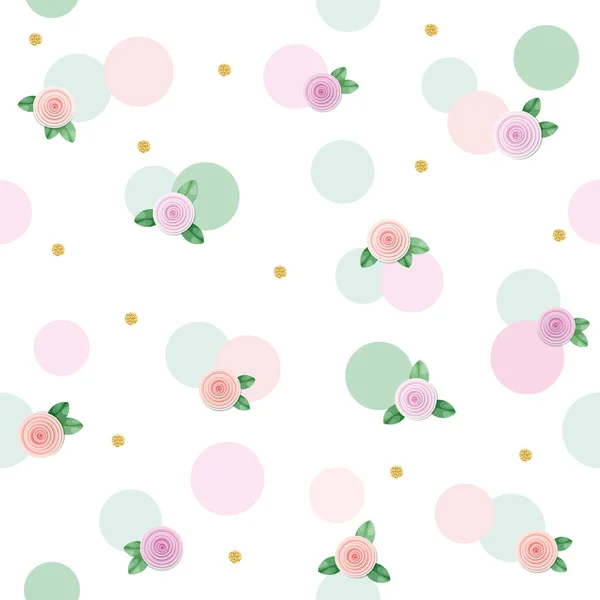 Florale nahtlose Muster Hintergrund mit Rosen und Tupfen. Trendfarben rosa und pastellgrün. für Geburtstag, Hochzeit und Sammelalbum-Design. — Stockvektor