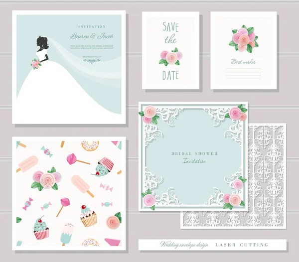 婚礼模板设置。优雅的剪纸信封设计, 新娘剪影邀请卡和花卉装饰元素. — 图库矢量图片