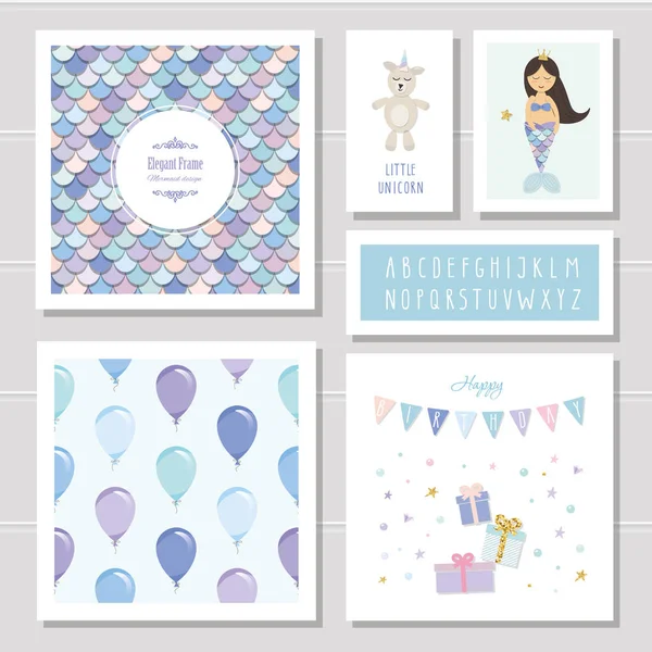 Verjaardag card sjablonen instellen. Zeemeermin en little unicorn stripfiguren. Smalle lettertype en naadloze patroon opgenomen. — Stockvector