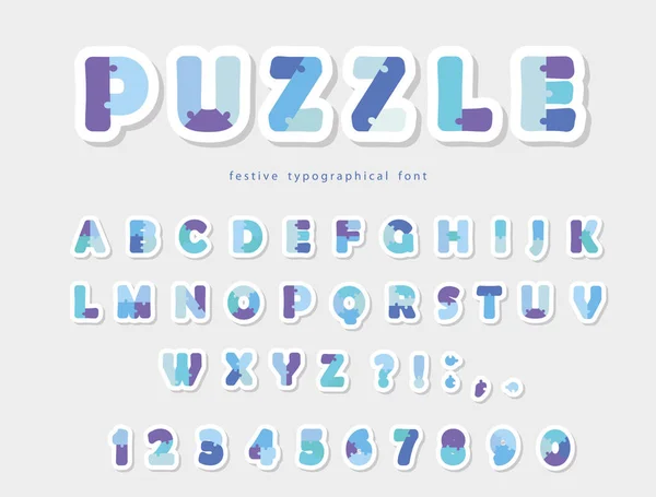 Puzzle paper cut out font in blue colors. Vector — Stock Vector