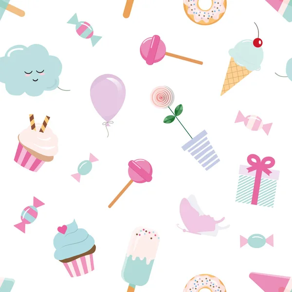 Girly sömlösa mönster bakgrund med sötsaker och söt element. Pastell rosa och blått. — Stock vektor