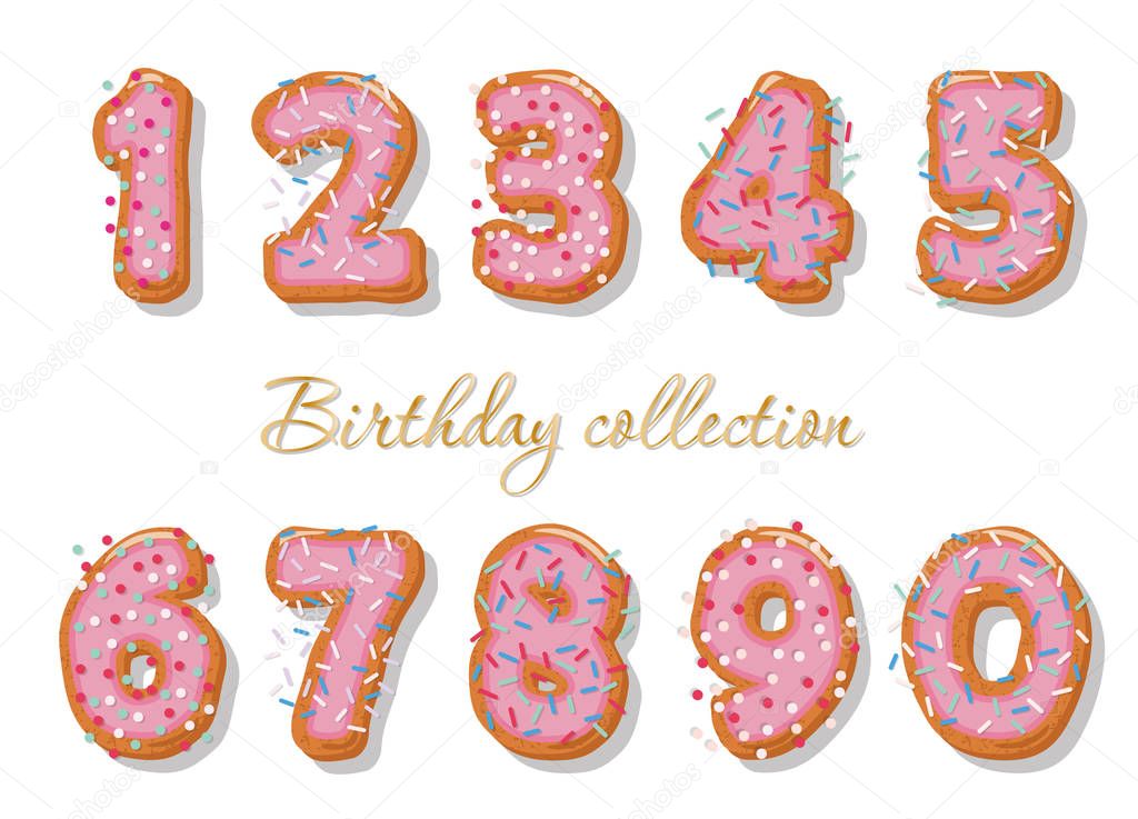 Sweet hand drawn numbers set for birthday design. Biscuit glazed with pink cream with sprinkling. Isolated on white.
