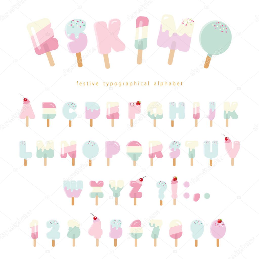 Ice cream eskimo font. Popsicle colorful letters and numbers for summer design. Pastel pink and blue colors. Isolated on white.