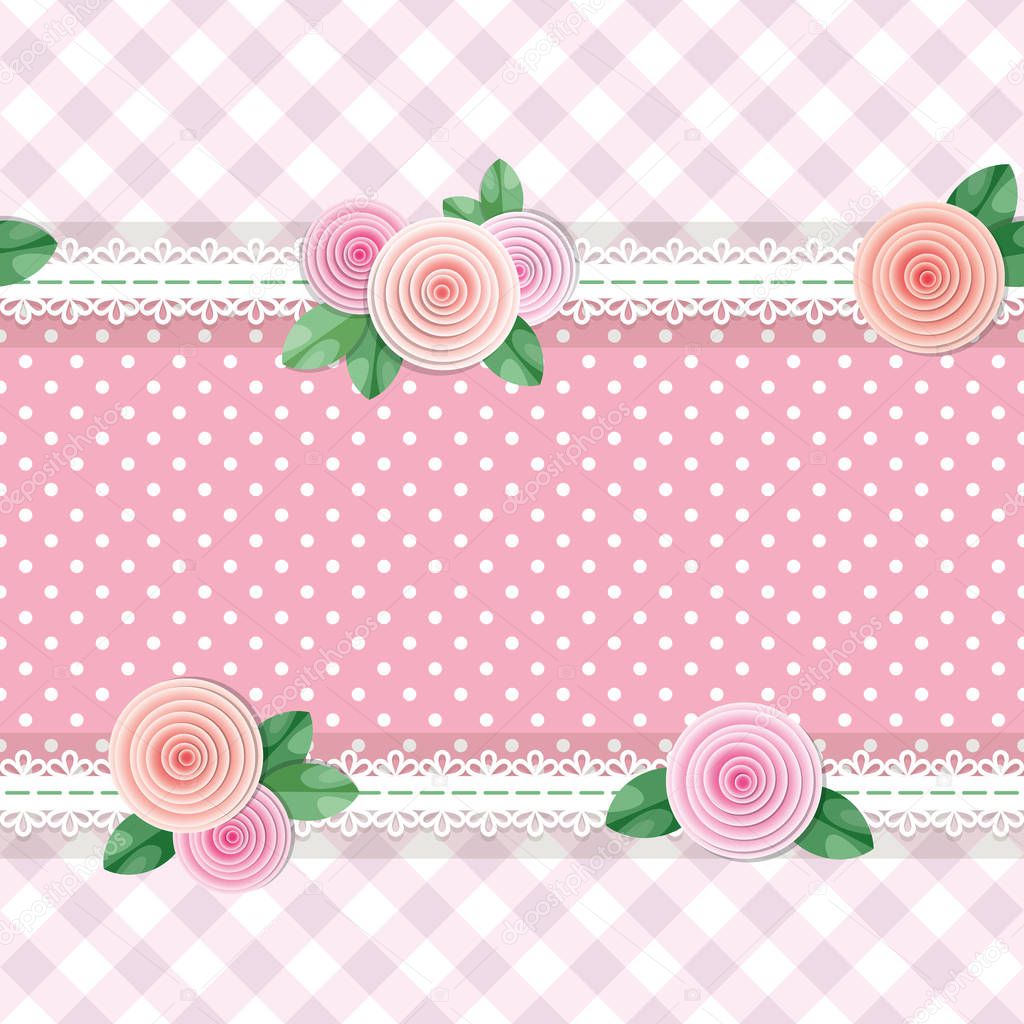 Shabby chic textile seamless pattern background. Girly. Different fabric pieces collage, decorated with lace and roses. Vector