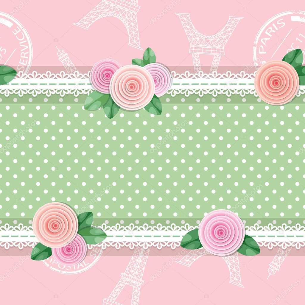 Shabby chic textile seamless pattern background. Girly. Different fabric pieces collage, decorated with lace and roses. Vector