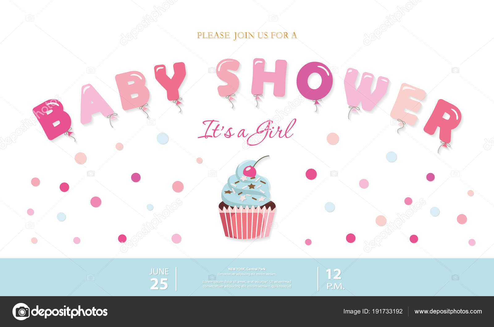 Girl Baby Shower Cute Template. Party Invitation Card With Balloon