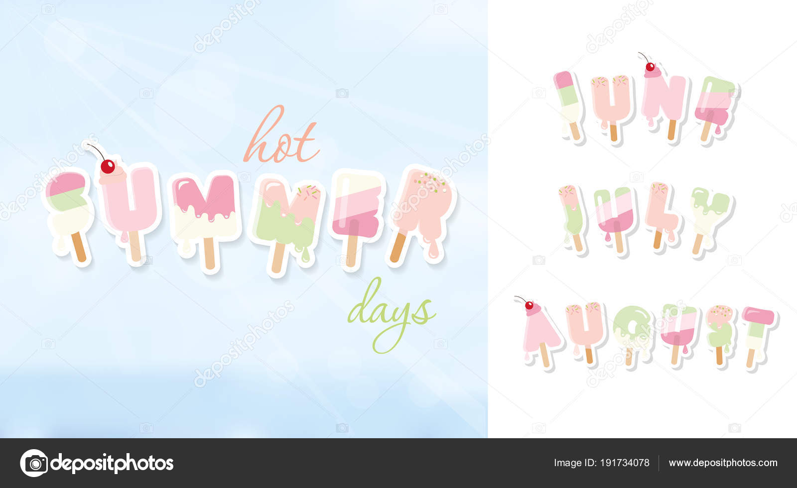 Summer background. June, july, august. Ice cream cartoon letters in ...
