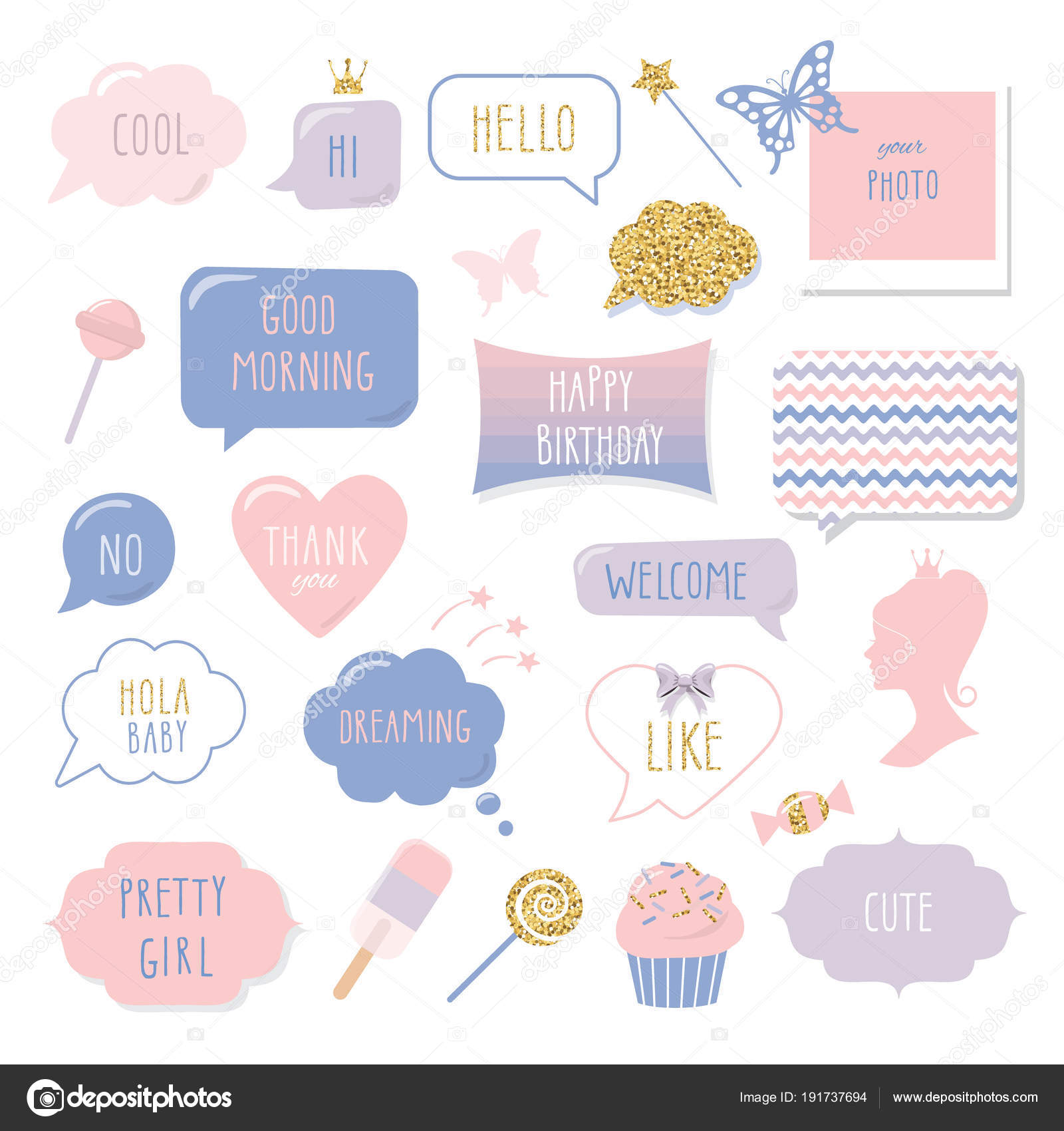 可爱的手画的语音气泡和框架与手写文字。少女贴纸与金色闪光。生日快乐, 谢谢, 早上好, 欢迎和您好刻字. 图库矢量图©cutelittlethings  191737694
