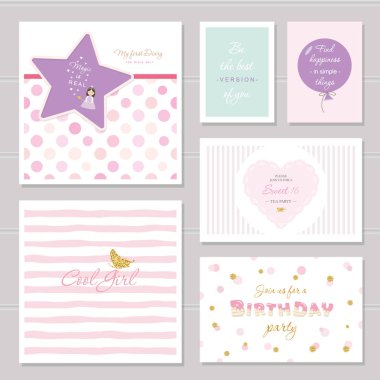 Şirin kartları glitter genç kızlar için tasarım yapın. Inspirational quotes, doğum günü, sweet 16 parti daveti. Dahil polka dot ve kesintisiz çizgili desenler.