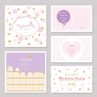 Şirin kartları glitter genç kızlar için tasarım yapın. Inspirational quotes, doğum günü, sweet 16 parti daveti. Dahil polka dot, çikolata ve şeritli sorunsuz modelleri.