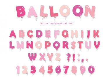 Balon pembe yazı tipi. Şirin Abc harf ve sayı. Doğum günü için bebek duş. Kız gibi.