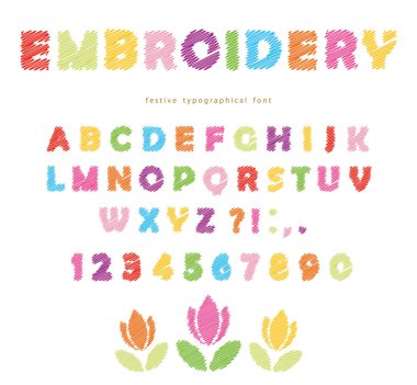 Embroidery colorful font design. Isolated on white. clipart