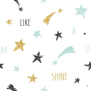 Elle çizilmiş yıldız ve ilham el yazısı alıntı Parlatıcı Like A Star ile şirin komik Dikişsiz desen arka plan. Glitter, üzerinde beyaz izole pastel mavi ve siyah parıldıyor.