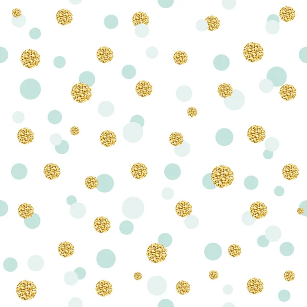 Glitter konfety polka dot vzor bezešvé pozadí. Zlatý a pastelově modrá trendy barvách. Pro narozeniny a scrapbook design. — Stockový vektor