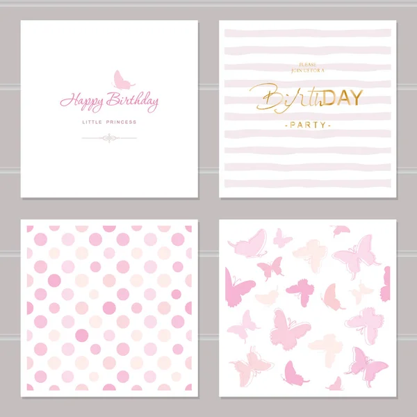 Verjaardagskaarten instellen. Met inbegrip van naadloze patronen in pastel roze. Girly. — Stockvector