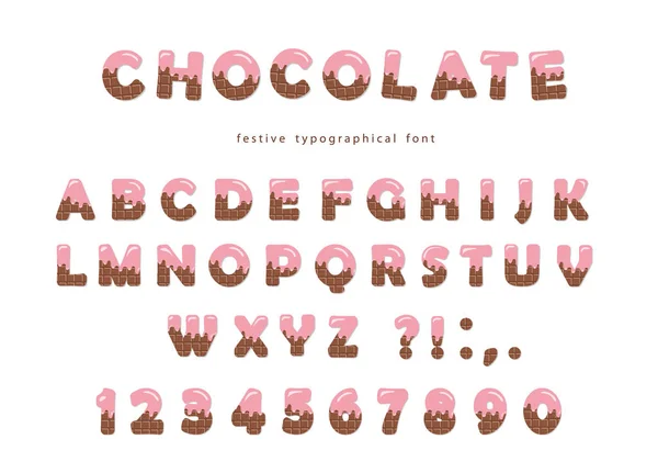 Caratteri di cioccolato. Lettere e numeri carini possono essere utilizzati per biglietti di compleanno, baby shower, San Valentino, negozio di dolci, rivista per ragazze. Isolato . — Vettoriale Stock