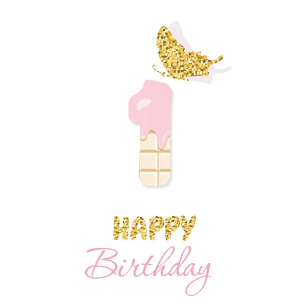 Boldog születésnapot csillámos pillangó és csokoládé száma 1 üdvözlőkártya. Egy baba lány évfordulóján. Divatos, minimalista design. — Stock Vector
