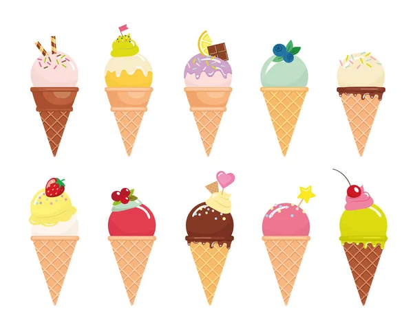 Ice cream cone set. Realistic. Bright and pastel colors. Isolated on white. Vector EPS10. — Stock Vector