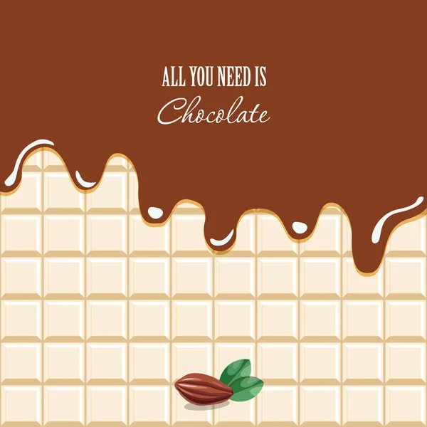 Fondo cioccolato fuso con testo campione. Fagiolo di cacao . — Vettoriale Stock