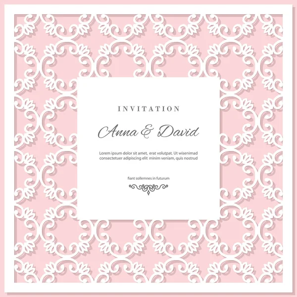 Modèle de carte d'invitation de mariage avec cadre de découpe laser. Couleurs rose pastel et blanc . — Image vectorielle