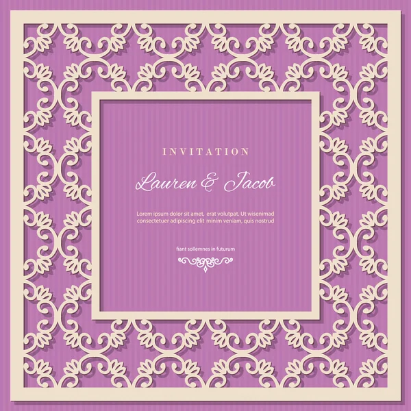 Modèle de carte d'invitation de mariage avec découpe laser bordure filigrane. Cadre photo élégant. Couleurs or et violet. Texture carton . — Image vectorielle