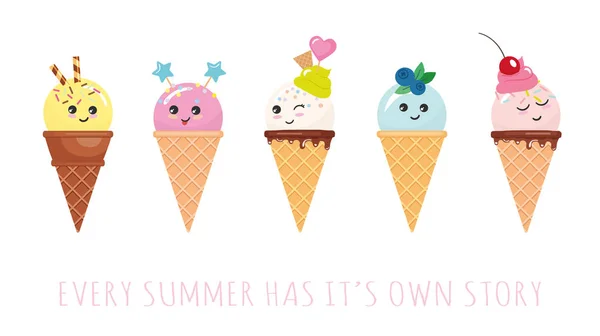 Kawaii ice cream cone znaky. Roztomilé karikatury izolované na bílém. — Stockový vektor